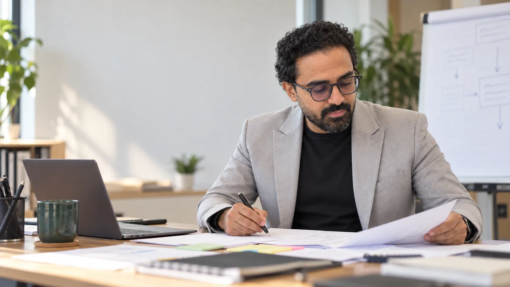 أشرف إبراهيم على مكتبه يراجع ملاحظات ومستندًا والقلم في يده، وبجانبه لوح ورقي عليه مربعات وأسهم