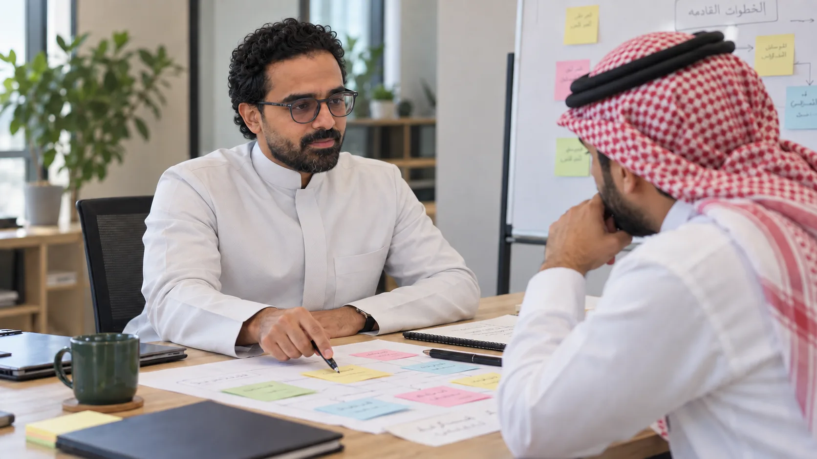 أشرف إبراهيم يشرح خريطة مراحل من ملاحظات لاصقة ملوّنة على الطاولة، بينما يستمع زميله المقابل