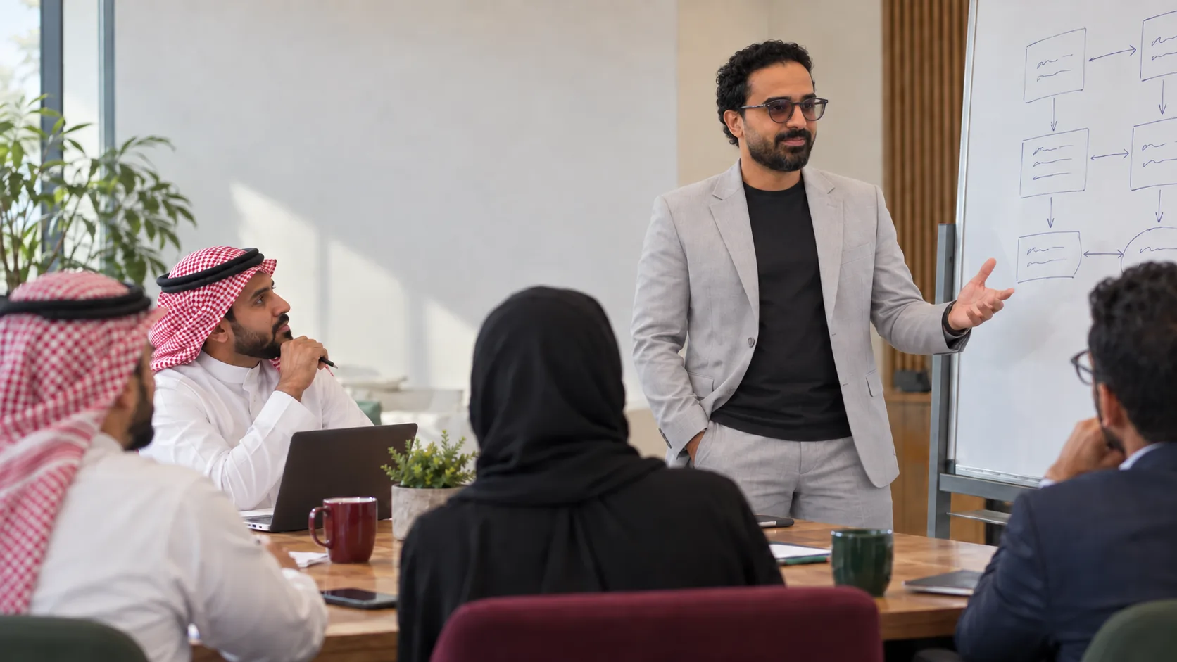 قاعة تدريب: أشرف إبراهيم بجانب لوح ورقي عليه رسم للمراحل يقود ورشة عمل، بينما يستمع رجال ونساء جالسون إلى طاولاتهم