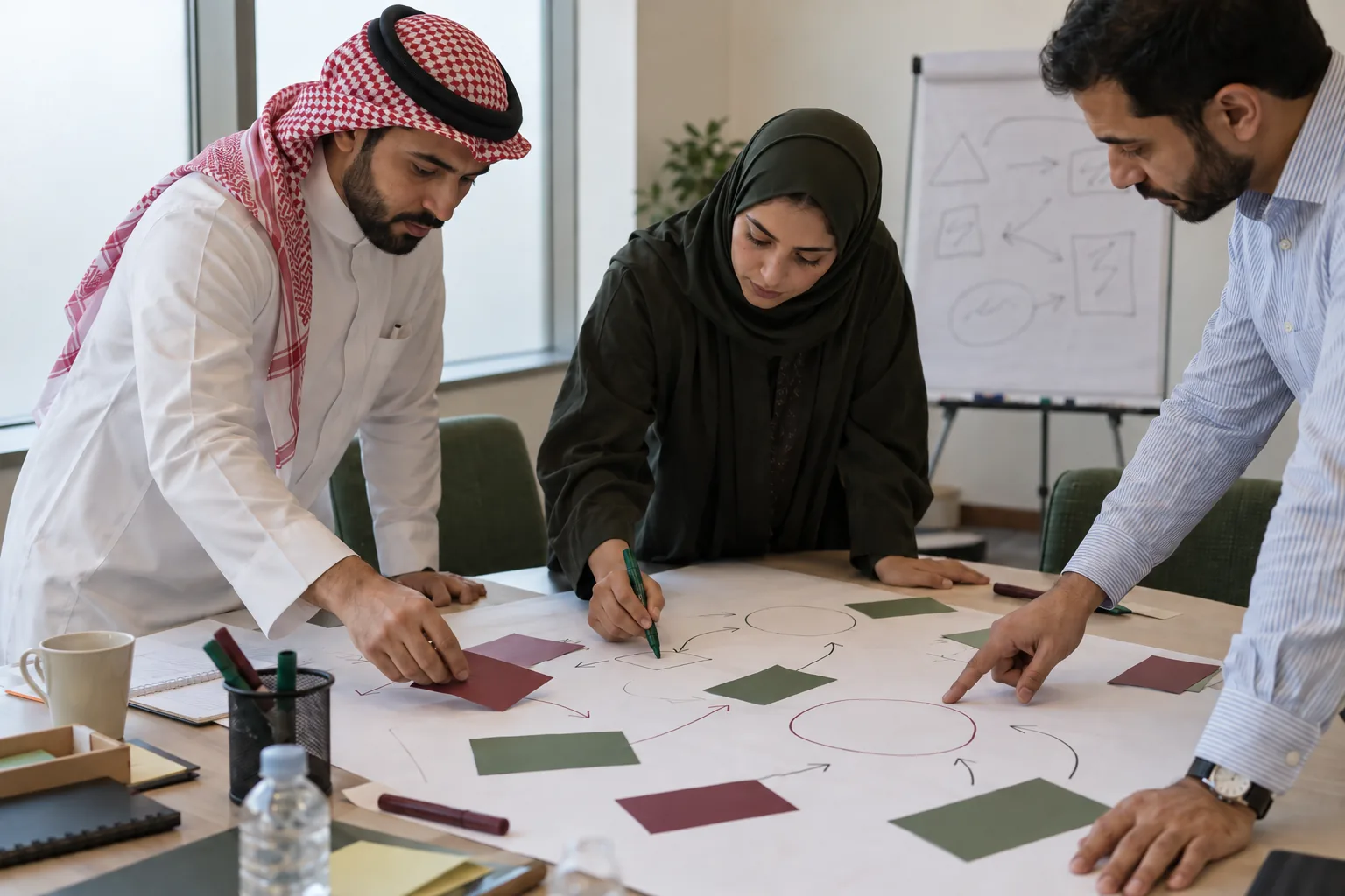 ثلاثة زملاء، رجل بالشماغ وامرأة بالحجاب ورجل بقميص، ينحنون فوق خريطة ورقية كبيرة ويرتّبون عليها بطاقات ملوّنة