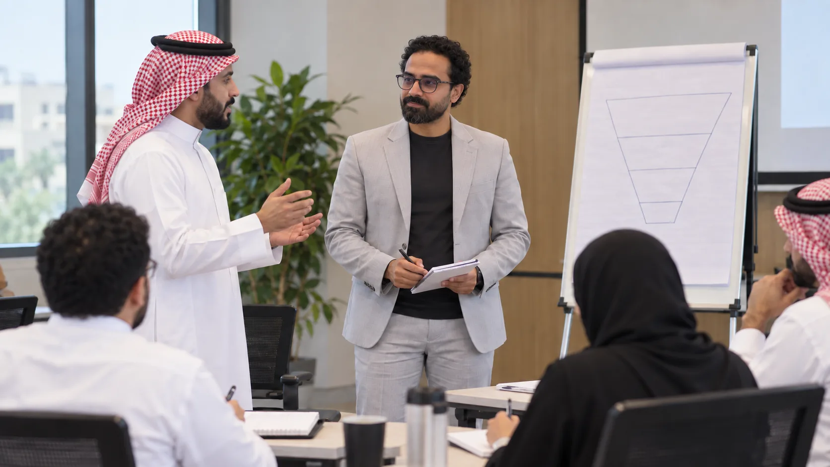 أشرف إبراهيم بجانب لوح ورقي عليه رسم لقمع المبيعات يستمع إلى مشارك واقف، بينما تتابع مجموعة صغيرة حول طاولة تدريب