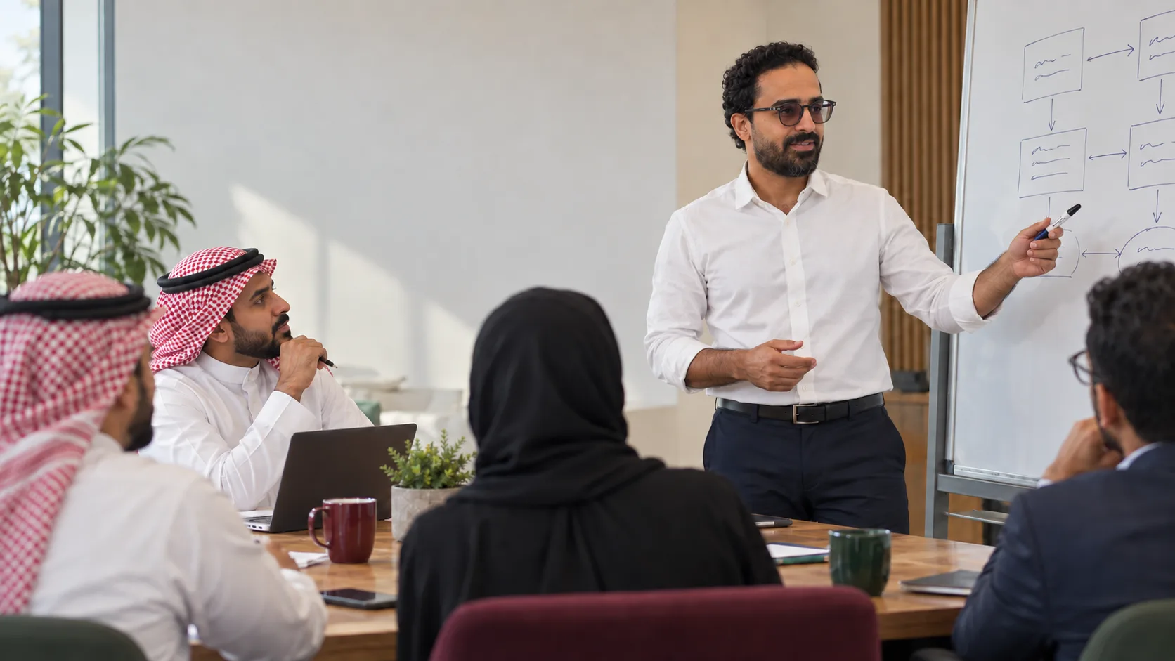 أشرف إبراهيم يشرح مخطط مراحل على سبورة بيضاء، بينما يتابعه زملاء حول طاولة اجتماعات عليها حواسيب ودفاتر